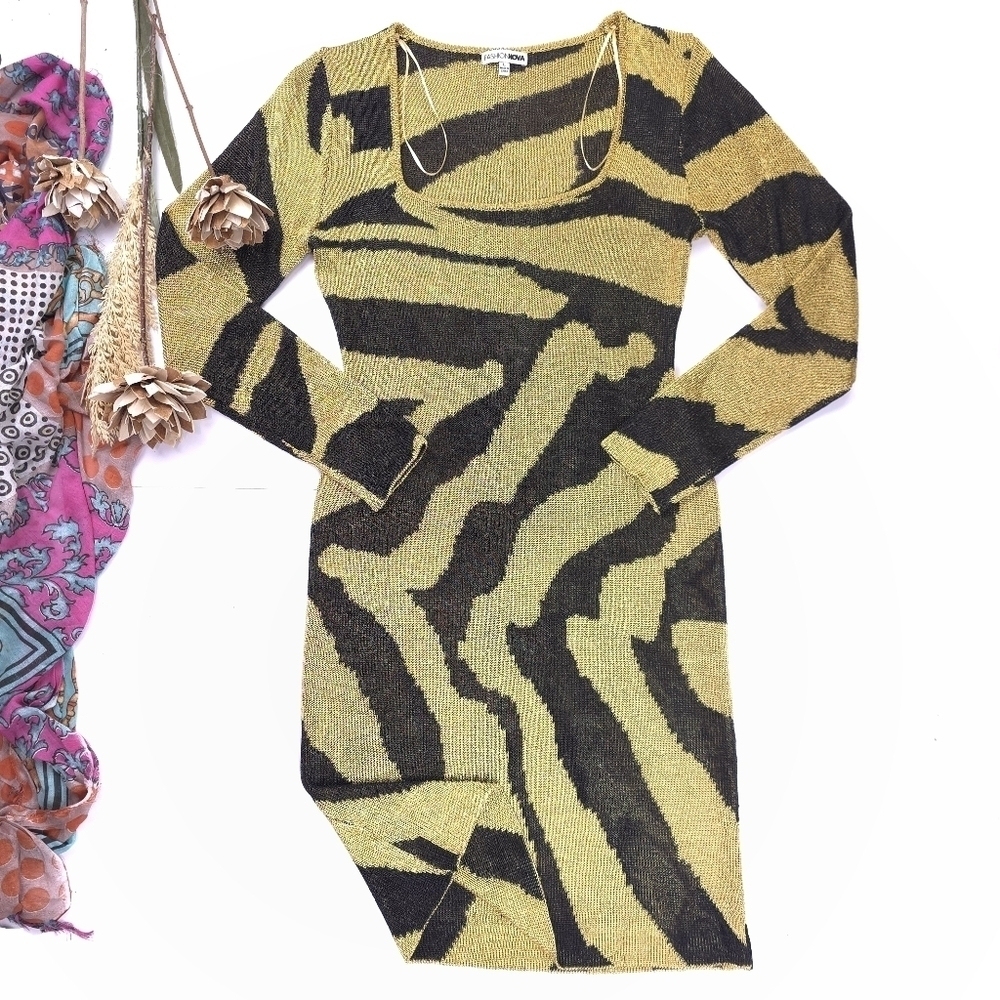 New Fashion Nova Gold and Black Metallic Zebra Patterned Dress Sz L